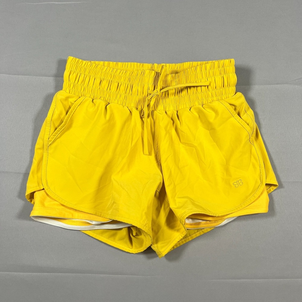 Albion Fit Athletic Shorts Womens S Yellow Nylon Built In Liner Drawstring Waist